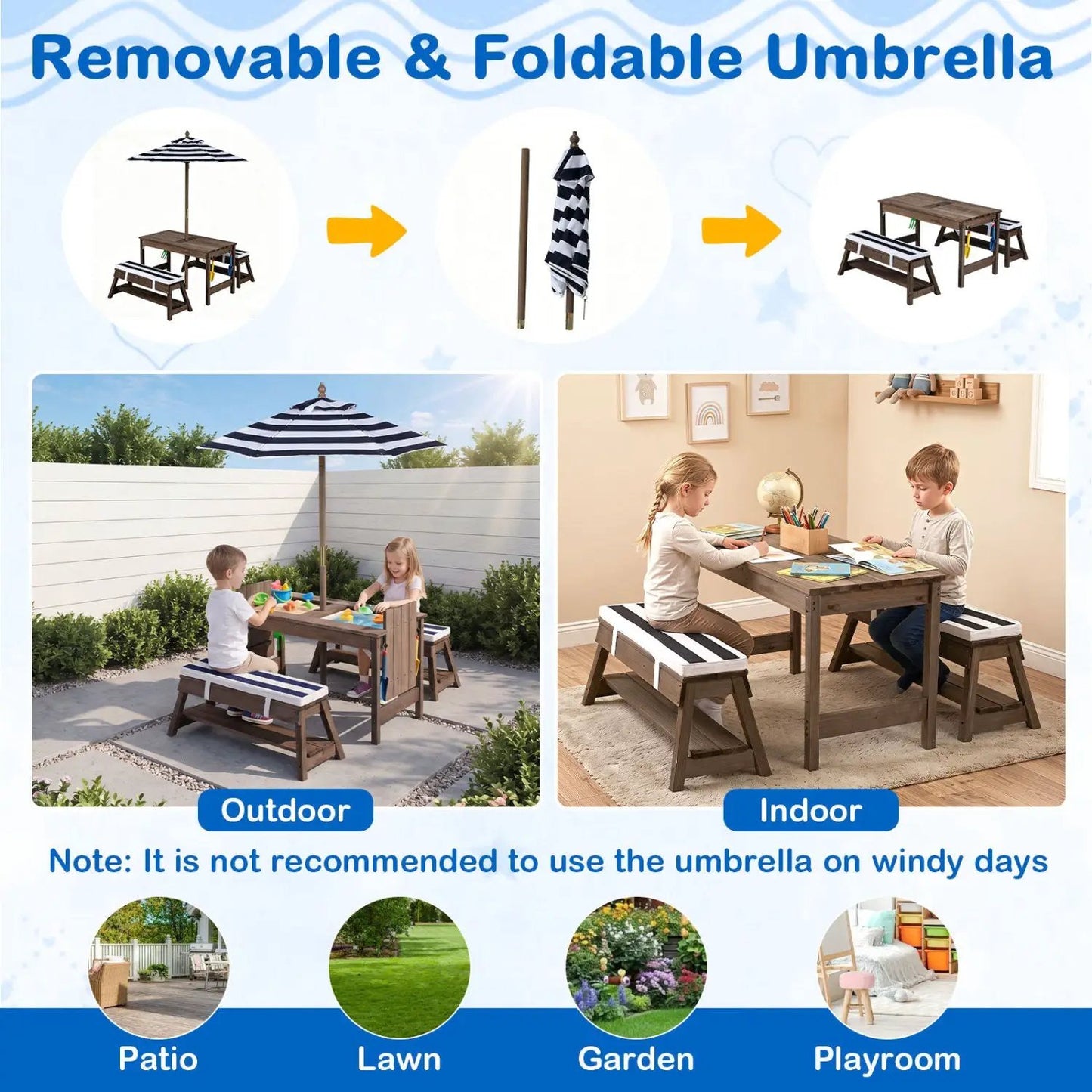 Kids Wooden Picnic Table Set with Umbrella
