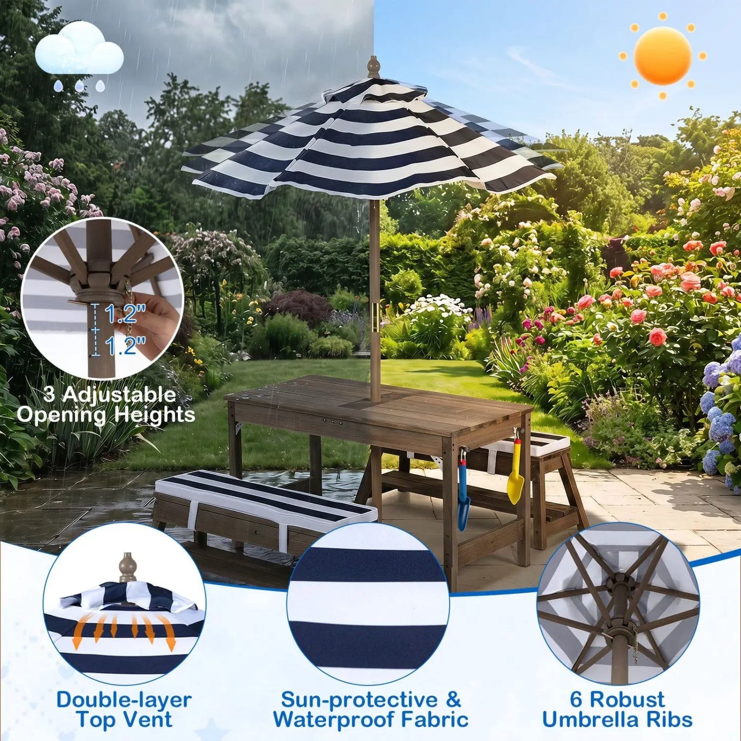 Kids Wooden Picnic Table Set with Umbrella
