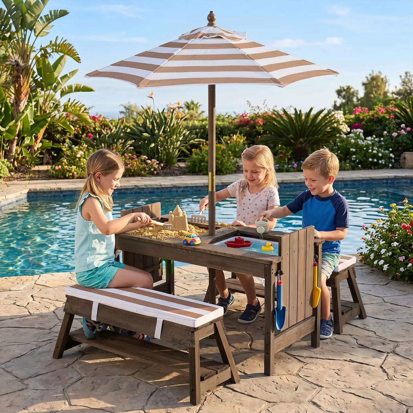 Kids Wooden Picnic Table Set with Umbrella