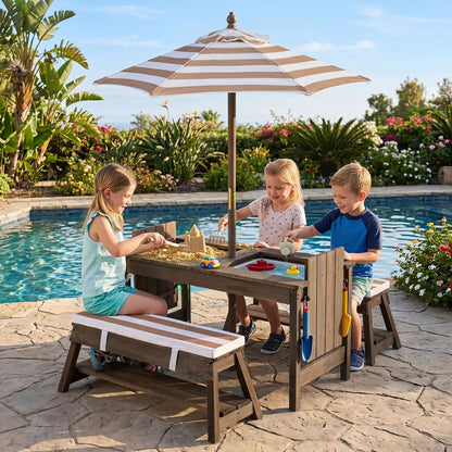 Kids Wooden Picnic Table Set with Umbrella