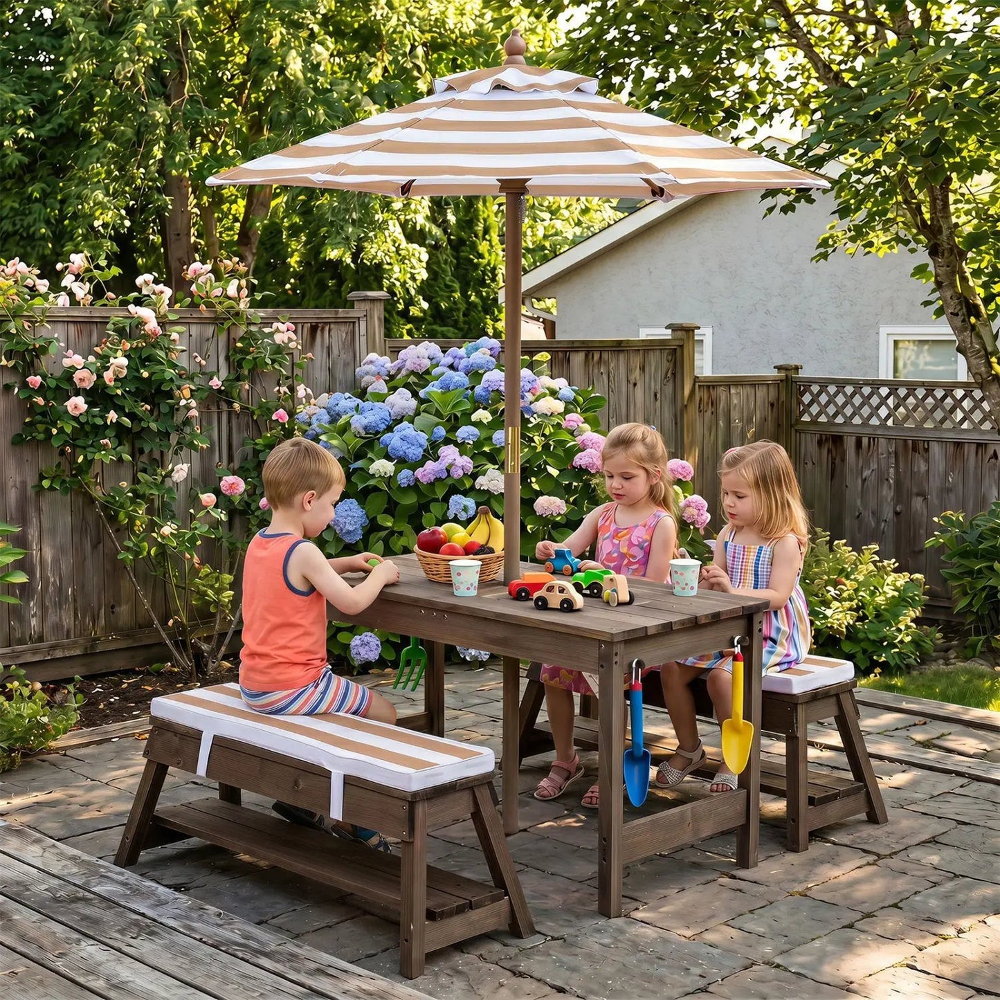 Kids Wooden Picnic Table Set with Umbrella