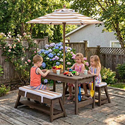 Kids Wooden Picnic Table Set with Umbrella