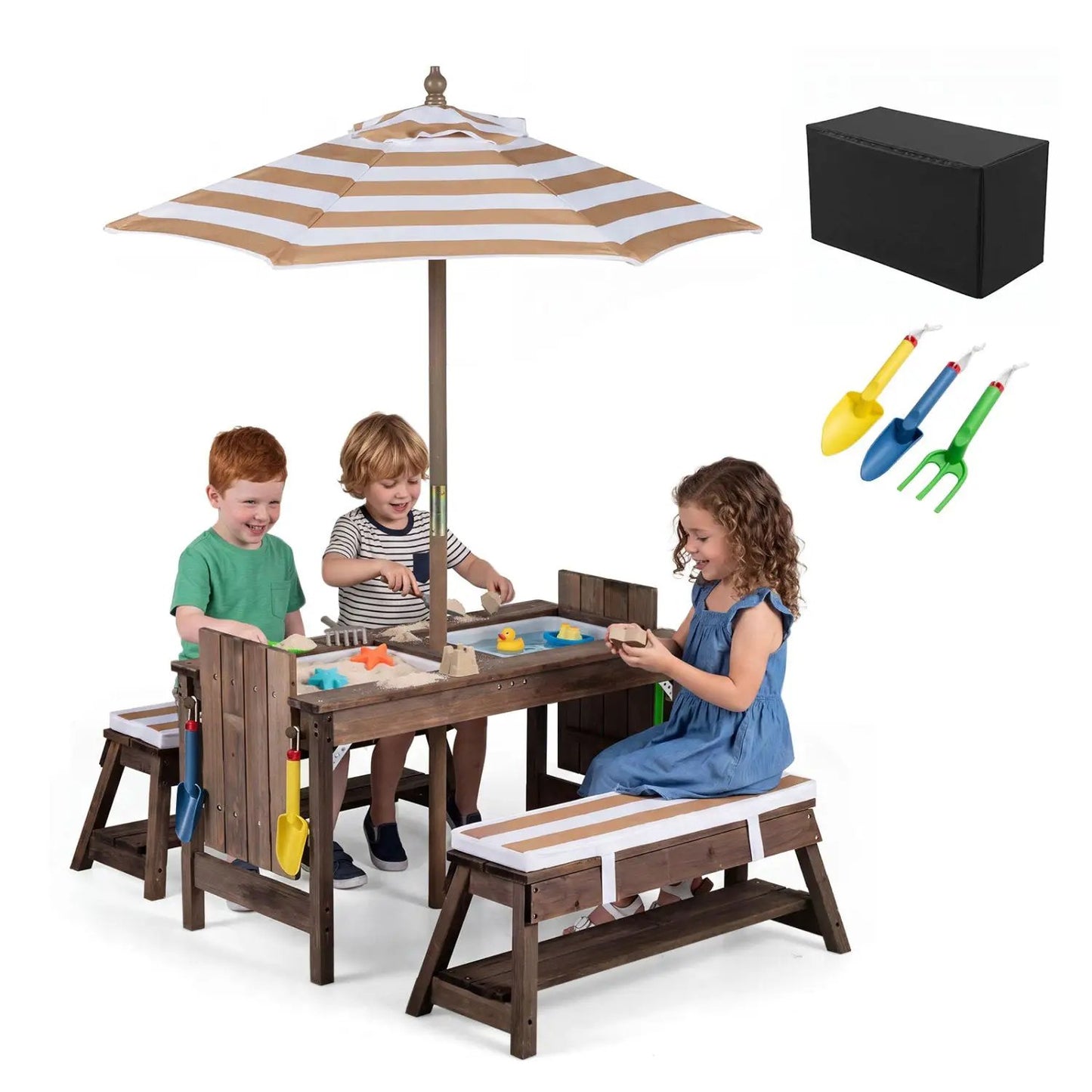 Kids Wooden Picnic Table Set with Umbrella