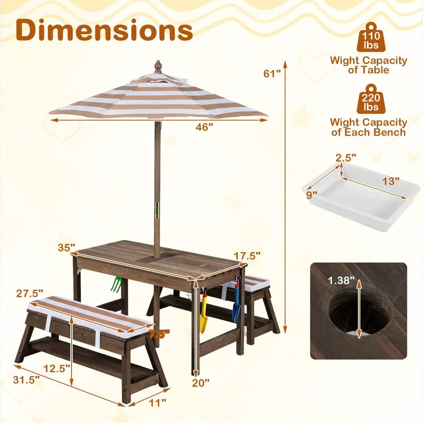 Kids Wooden Picnic Table Set with Umbrella