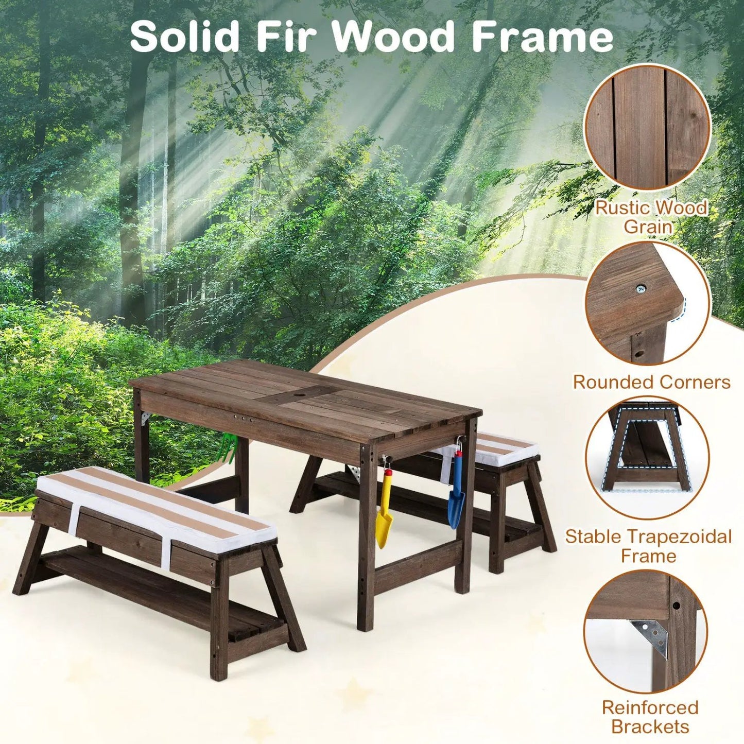 Kids Wooden Picnic Table Set with Umbrella