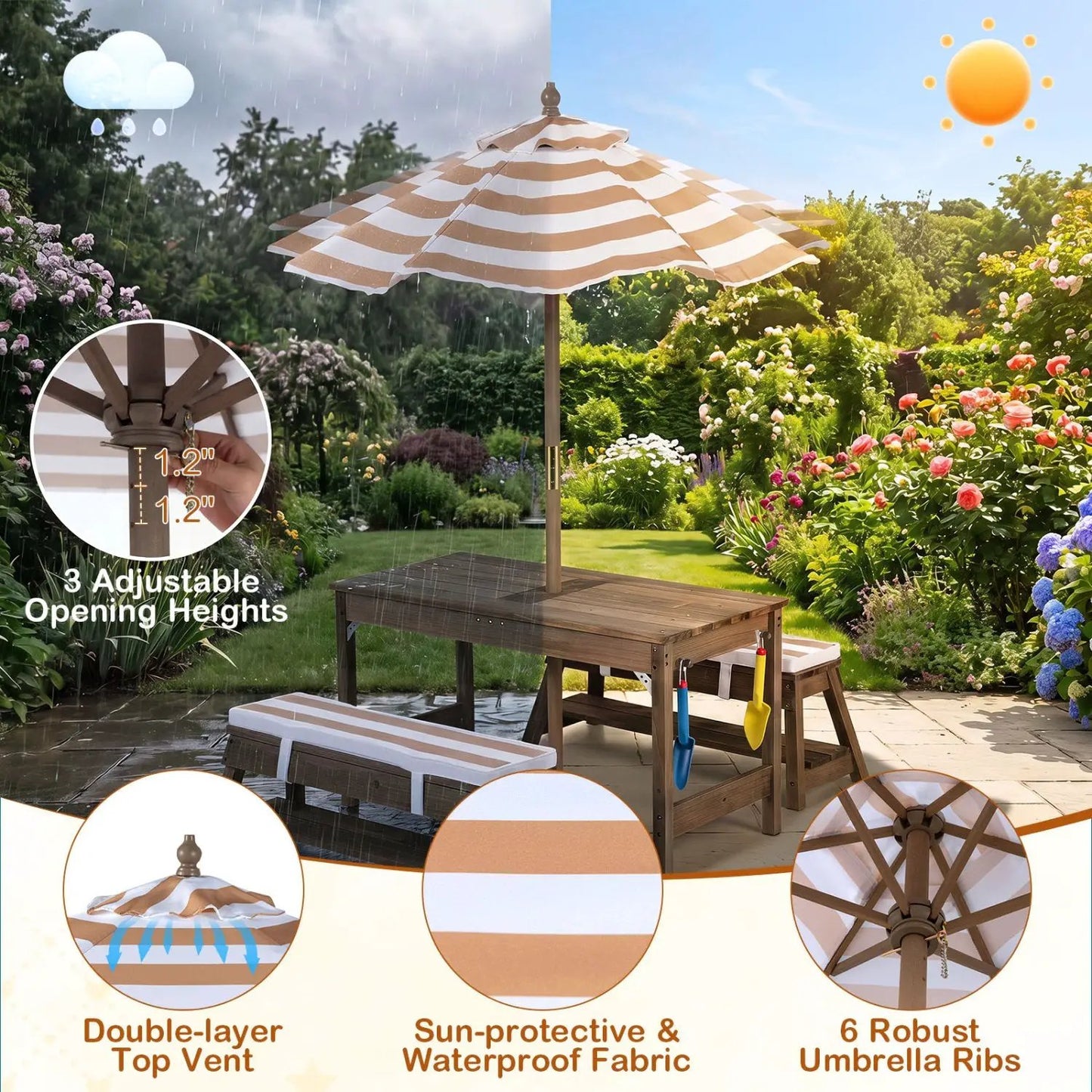 Kids Wooden Picnic Table Set with Umbrella
