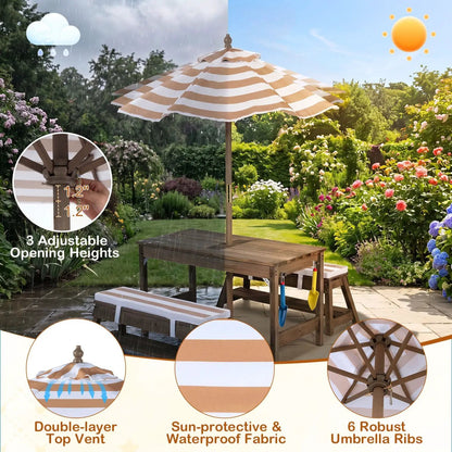 Kids Wooden Picnic Table Set with Umbrella