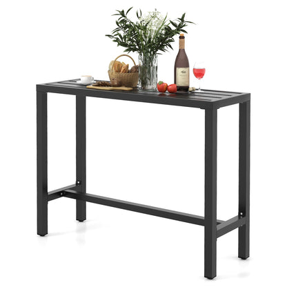 48/55 inch bar table with waterproof top and black metal frame, shown with vase and wine bottle on Tampa Home & Garden Store