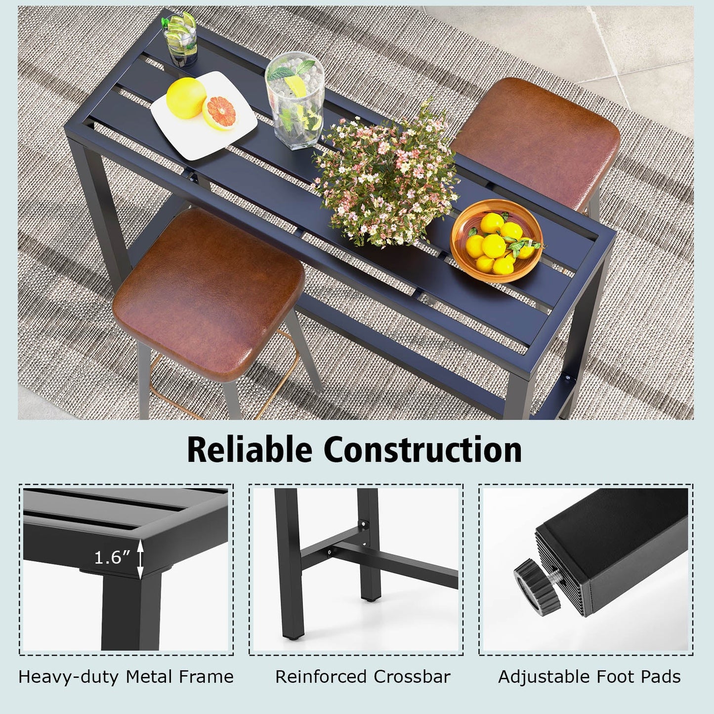 DirectDeals 48/55 Inch Bar Table with waterproof top and metal frame, with two stools on Tampa Home & Garden Store