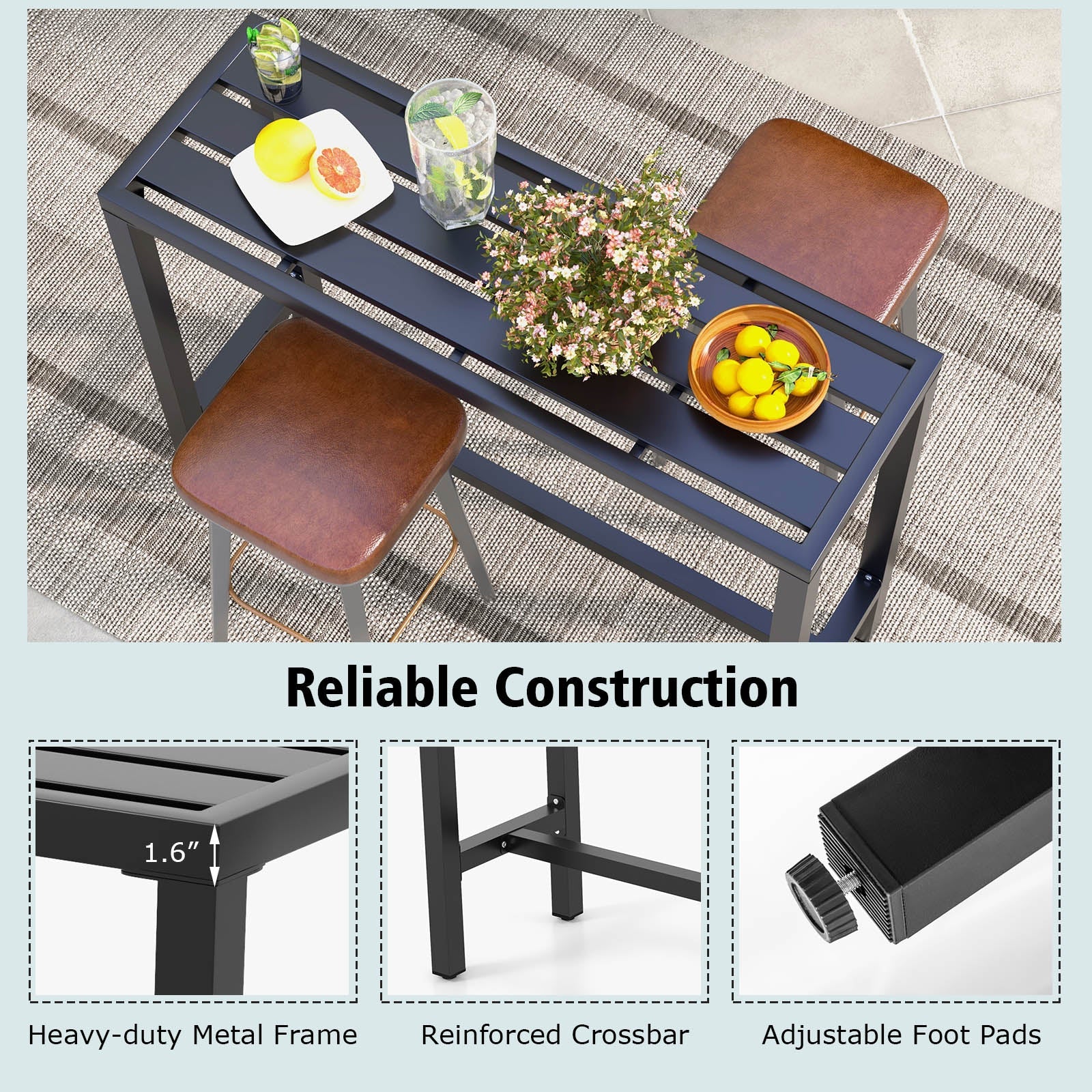 DirectDeals 48/55 Inch Bar Table with waterproof top and metal frame, with two stools on Tampa Home & Garden Store