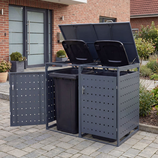 Outdoor Metal Garbage Bin Storage Shed for 2 Trash Cans Double Trash Can Enclosure-Gray - Tampa Home & Garden Store
