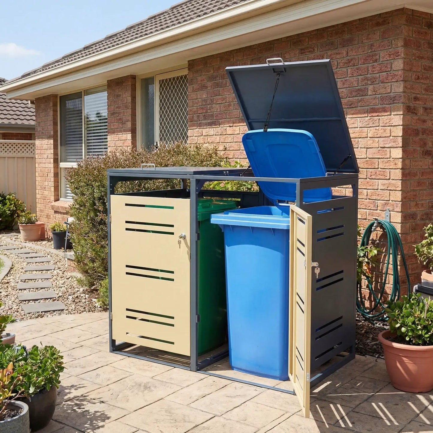 Outdoor Metal Trash Bin Storage Shed for Two Cans