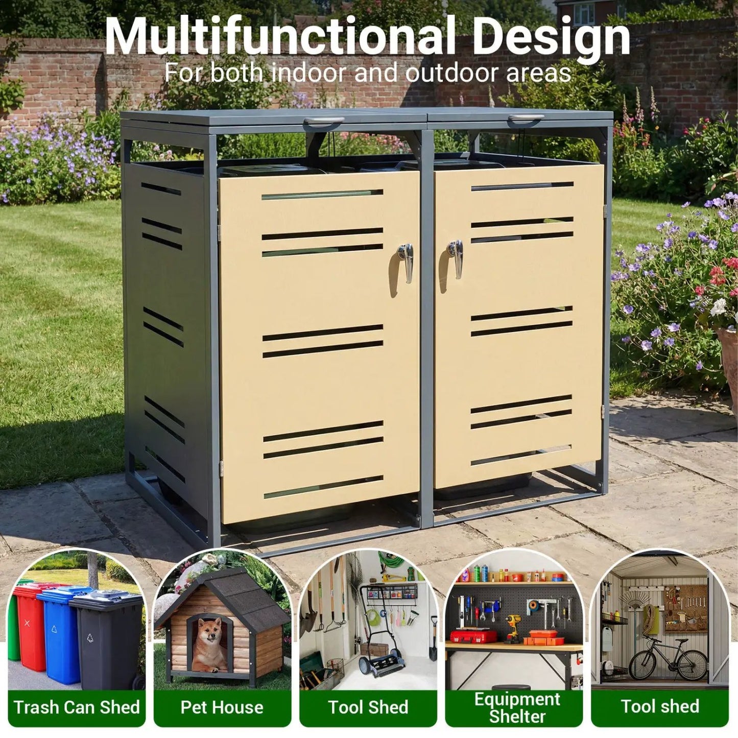 Outdoor Metal Trash Bin Storage Shed for Two Cans