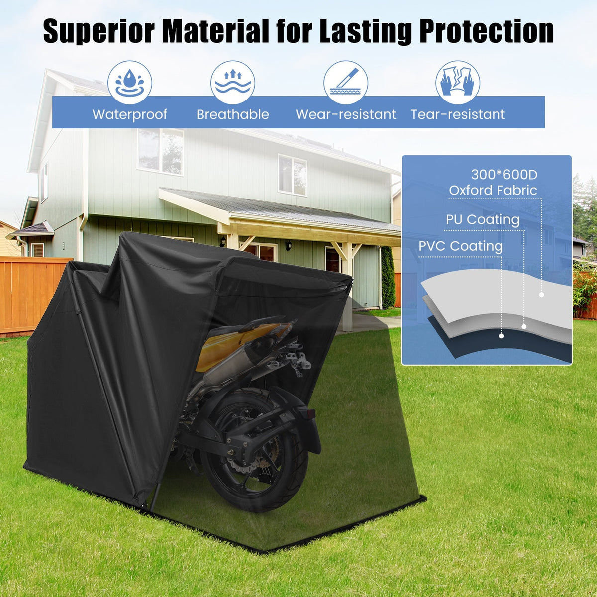 GemGear black outdoor motorcycle shelter with waterproof cover and breathable Oxford fabric on Tampa Home & Garden Store