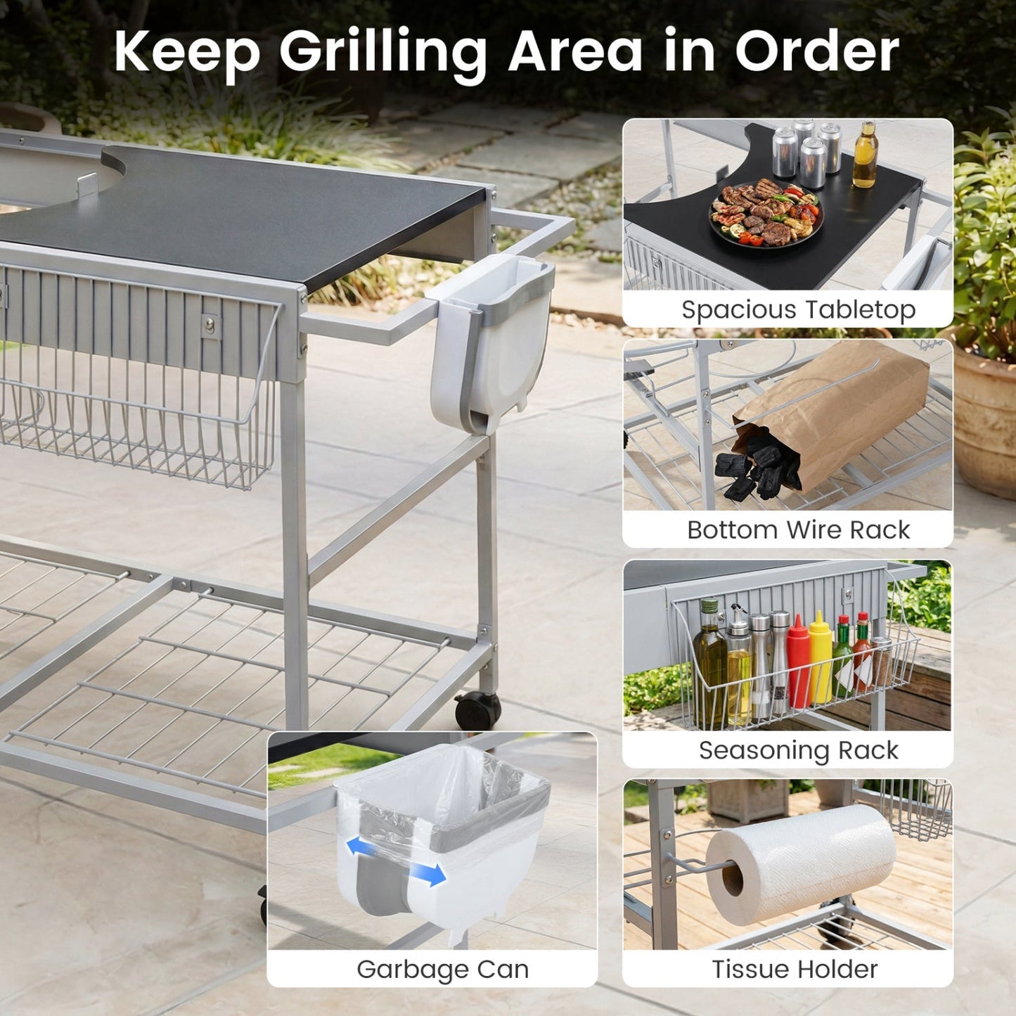 GemGear outdoor movable grill table for 18/22in Weber Kettle with black tabletop and wire rack on Tampa Home & Garden Store