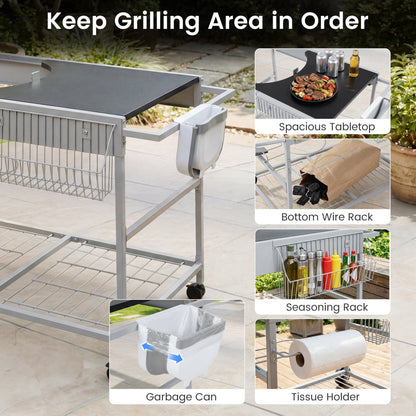 GemGear outdoor movable grill table for 18/22in Weber Kettle with black tabletop and wire rack on Tampa Home & Garden Store