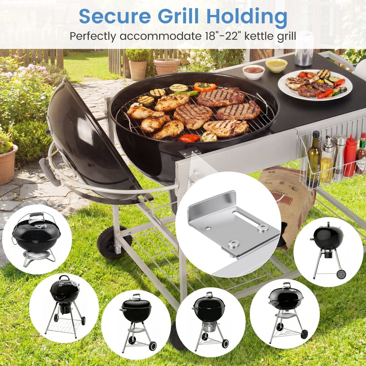 Outdoor movable grill table for 18/22 inch Weber Original Kettle on a wheeled GemGear cart on Tampa Home & Garden Store