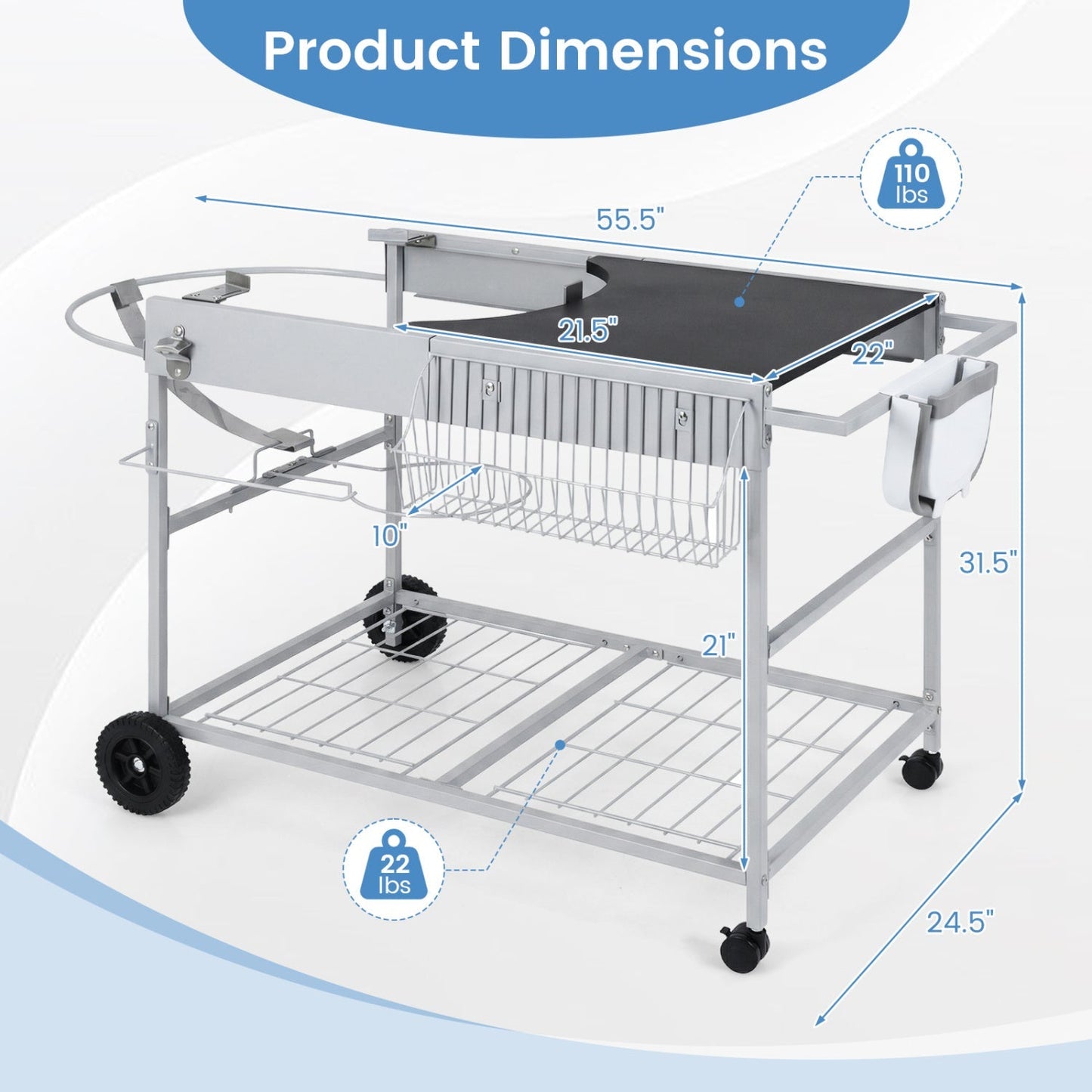 Outdoor movable grill table for 18/22 Weber Kettle by GemGear with side shelf and wire rack on Tampa Home & Garden Store