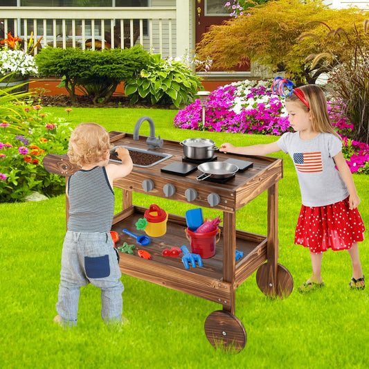 Outdoor Movable Mud Kitchen with 2 Rolling Wheels and 1 Push Handle-Natural - Tampa Home & Garden Store