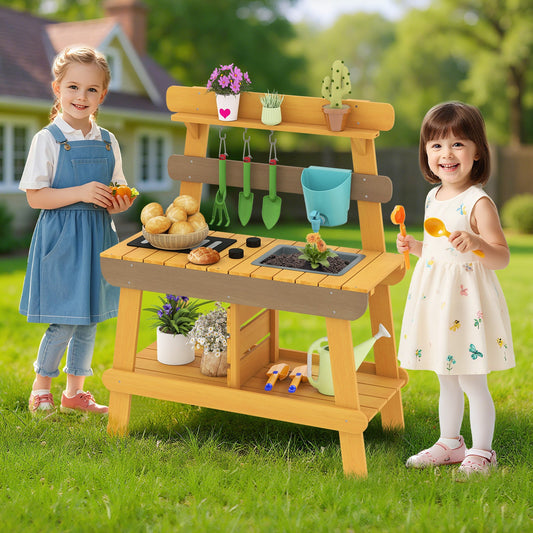 Outdoor Mud Kitchen for Kids Wooden Play Kitchen Toy for Boys Girls Aged 3-8-Yellow - Tampa Home & Garden Store