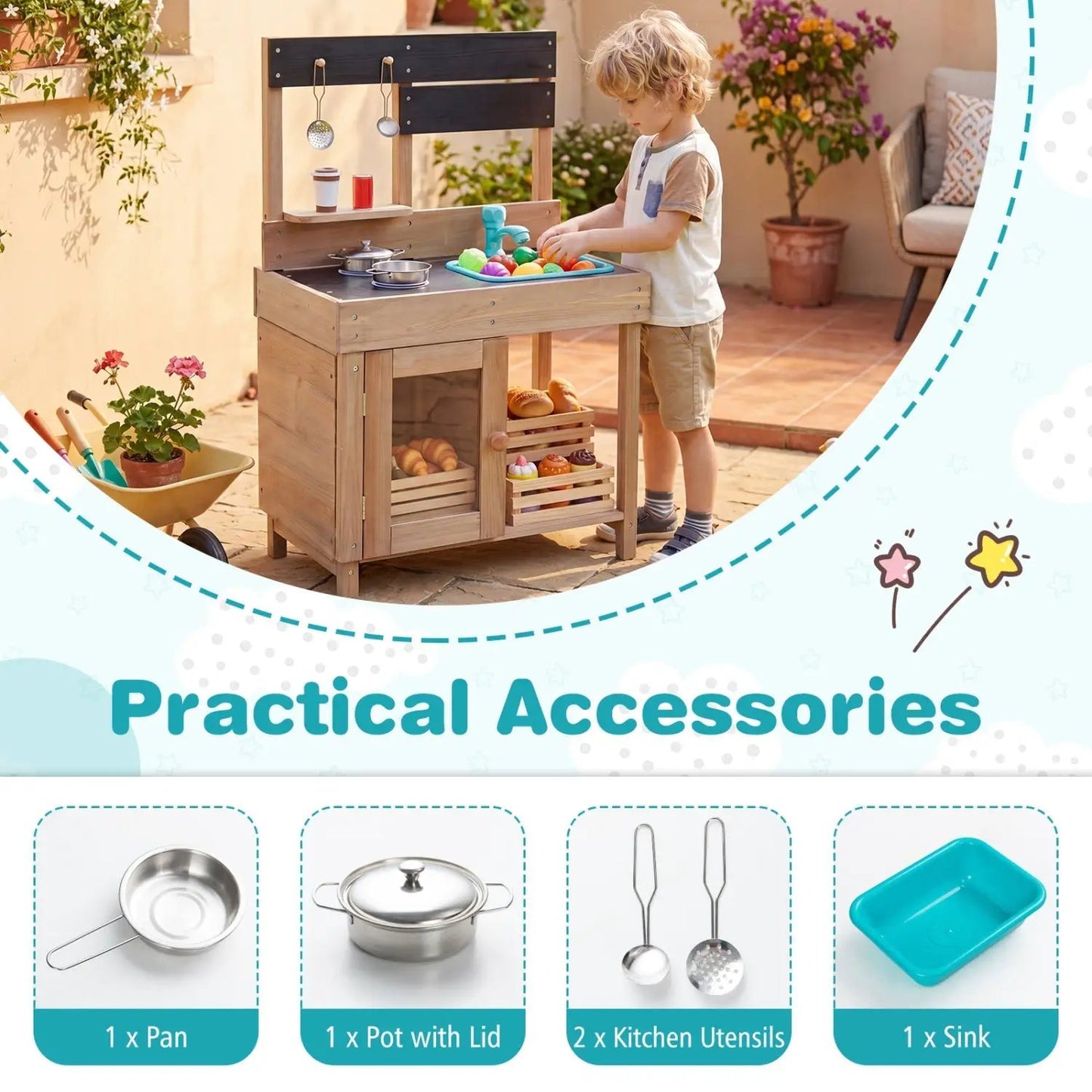 Wooden Play Kitchen Stove Storage Water System
