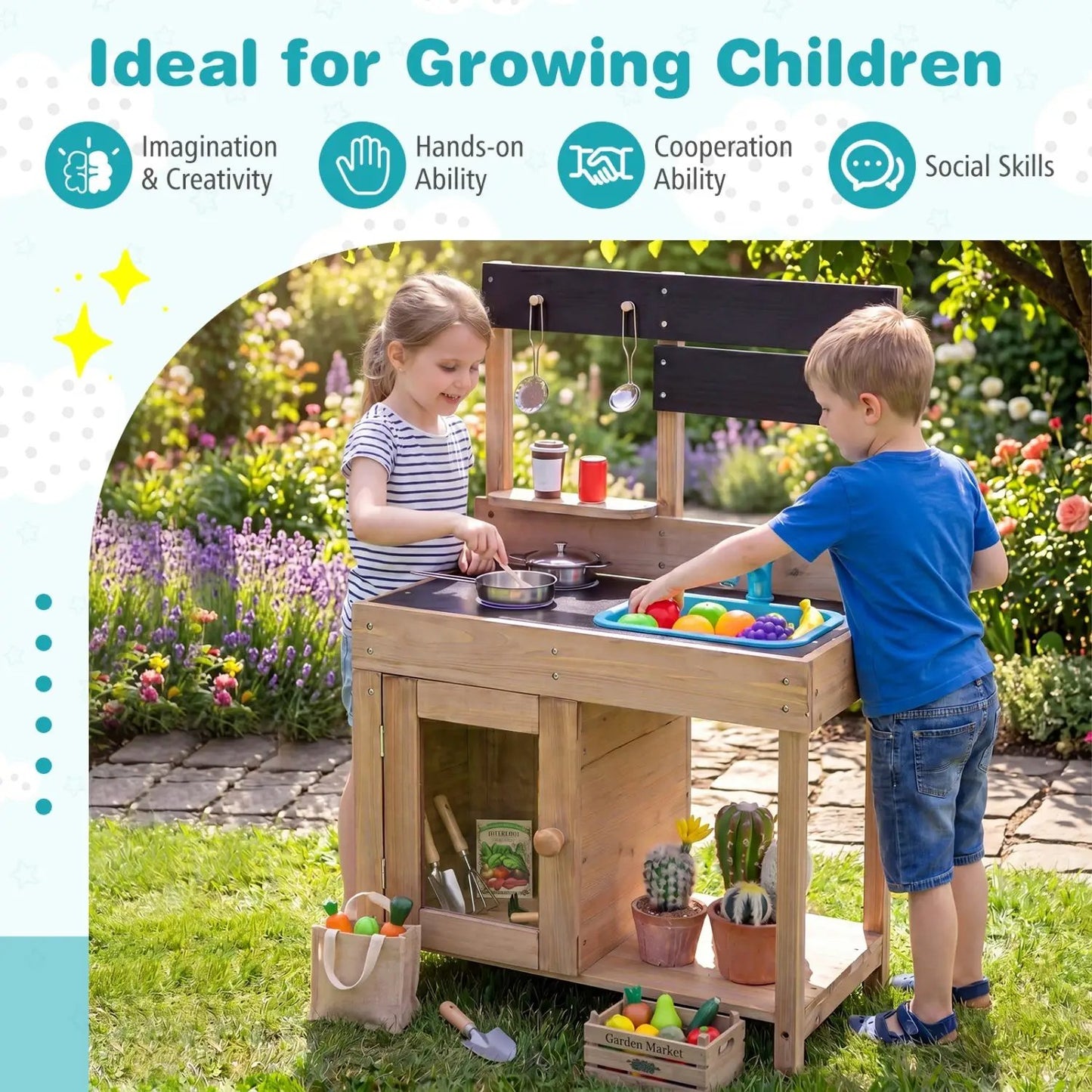 Wooden Play Kitchen Stove Storage Water System