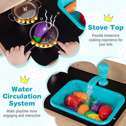 Wooden Play Kitchen Stove Storage Water System