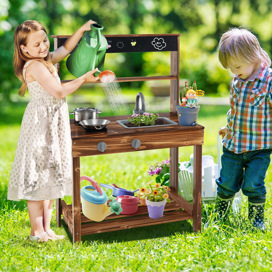 Outdoor Mud Kitchen for Kids with Rotatable Faucet and Removable Sink-Natural - Tampa Home & Garden Store