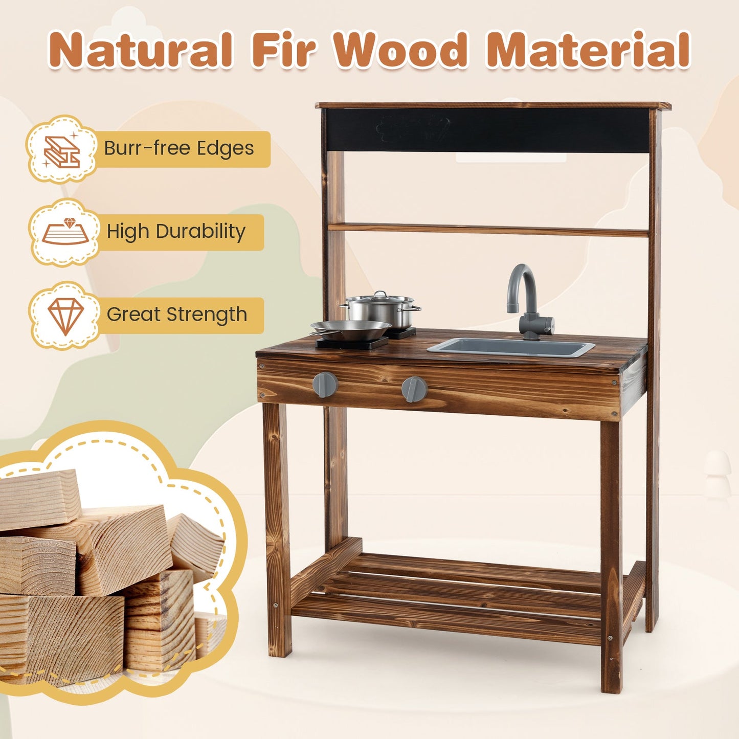 Outdoor Mud Kitchen for Kids with Rotatable Faucet and Removable Sink-Natural