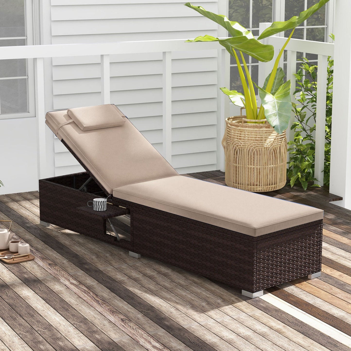 Outdoor PE rattan chaise lounge with 6-position adjustable backrest and foldable side table on Tampa Home & Garden Store