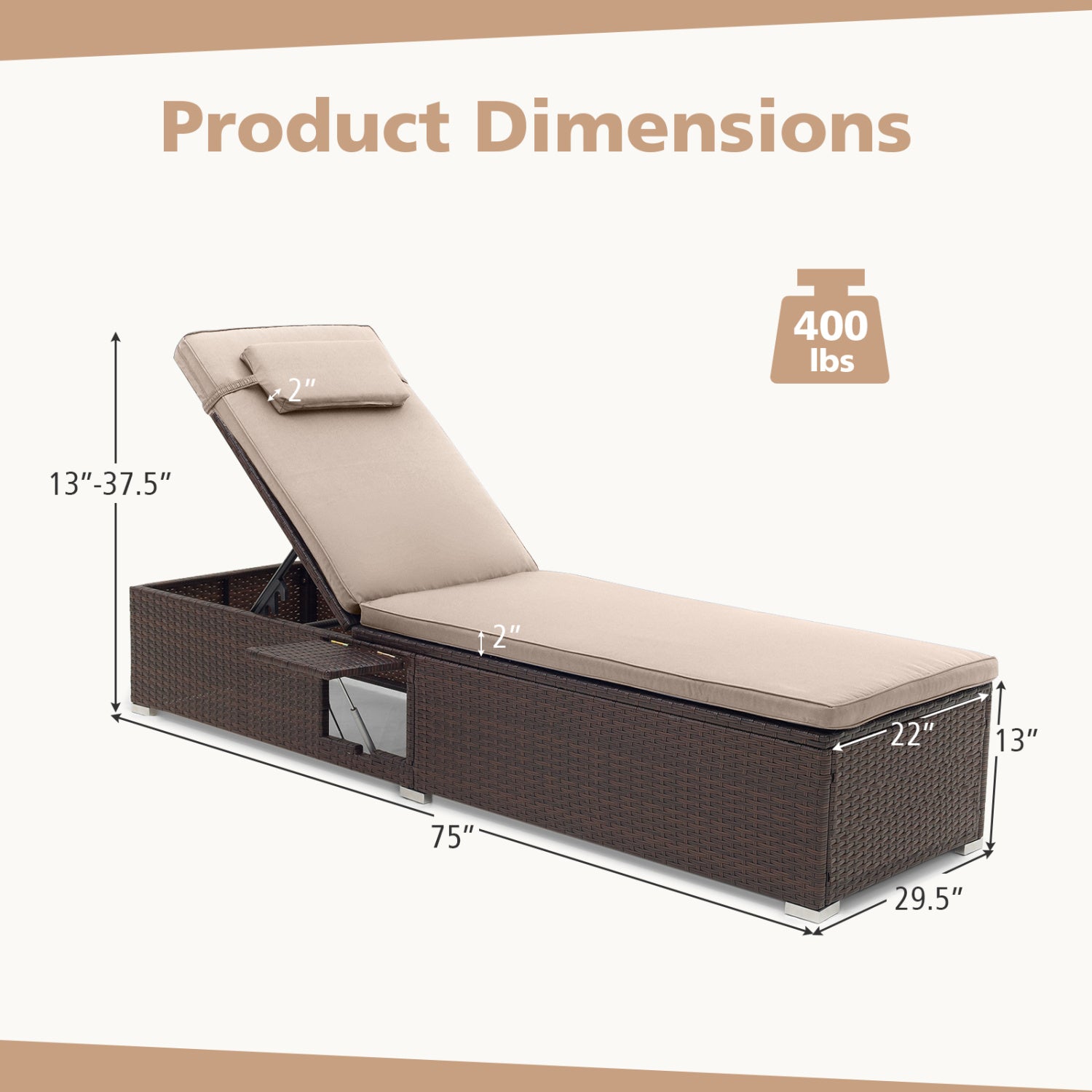 Outdoor PE rattan chaise lounge with 6-pos backrest and folding side table beige cushions DirectDeals on Tampa Home & Garden Store