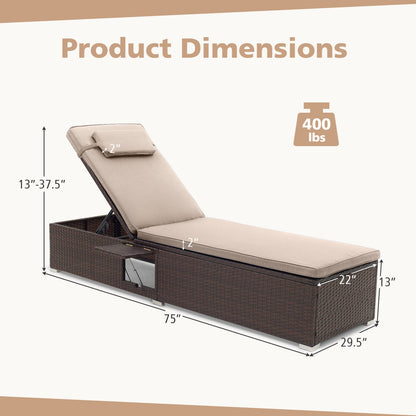 Outdoor PE rattan chaise lounge with 6-pos backrest and folding side table beige cushions DirectDeals on Tampa Home & Garden Store