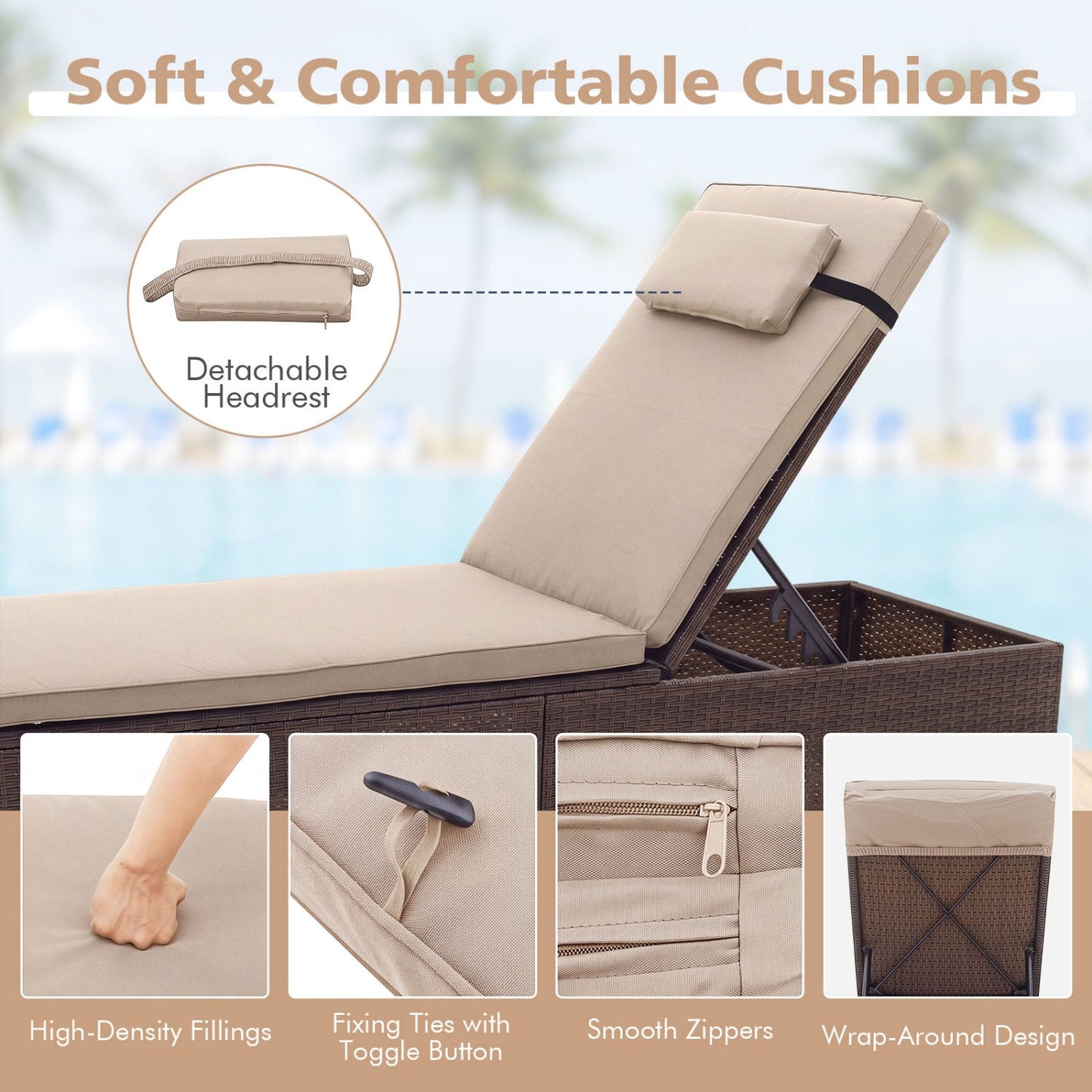 Outdoor PE rattan chaise lounge with beige cushions, 6-position backrest, detachable headrest on Tampa Home & Garden Store