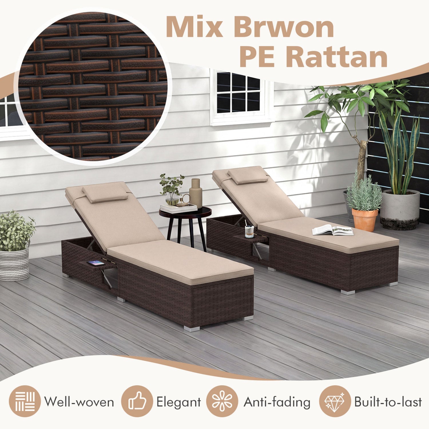 Outdoor rattan chaise lounges DirectDeals with 6-pos backrests and folding side table pair on Tampa Home & Garden Store
