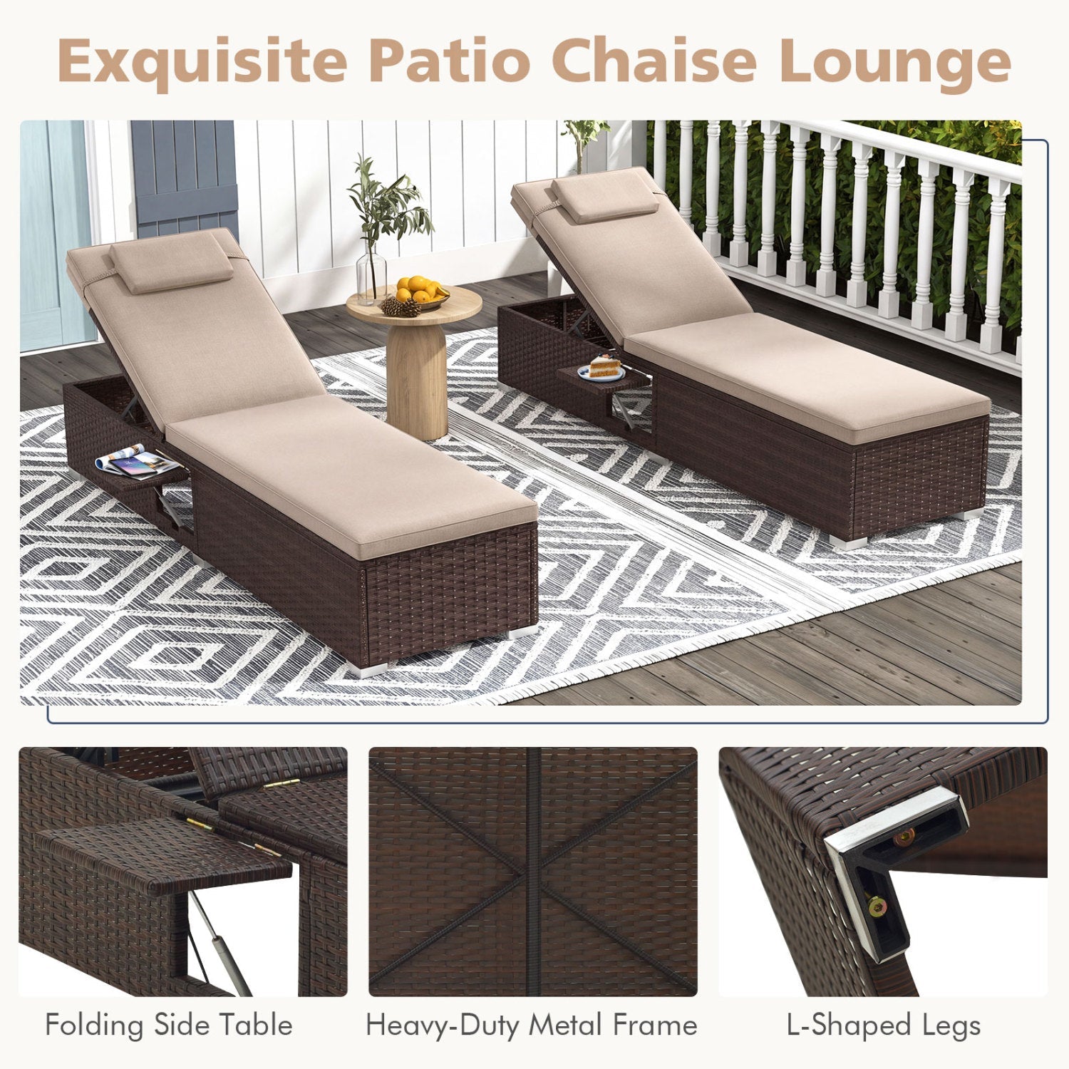 DirectDeals rattan chaise lounges beige cushions, 6-position backrests, foldable side tables on Tampa Home & Garden Store