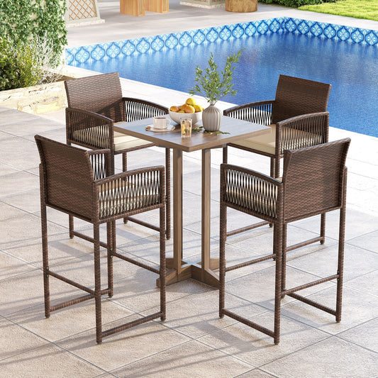 Juego de 2 taburetes de bar de mimbre de polietileno para exteriores, sillas de bar de altura de patio con cojines - Blanco