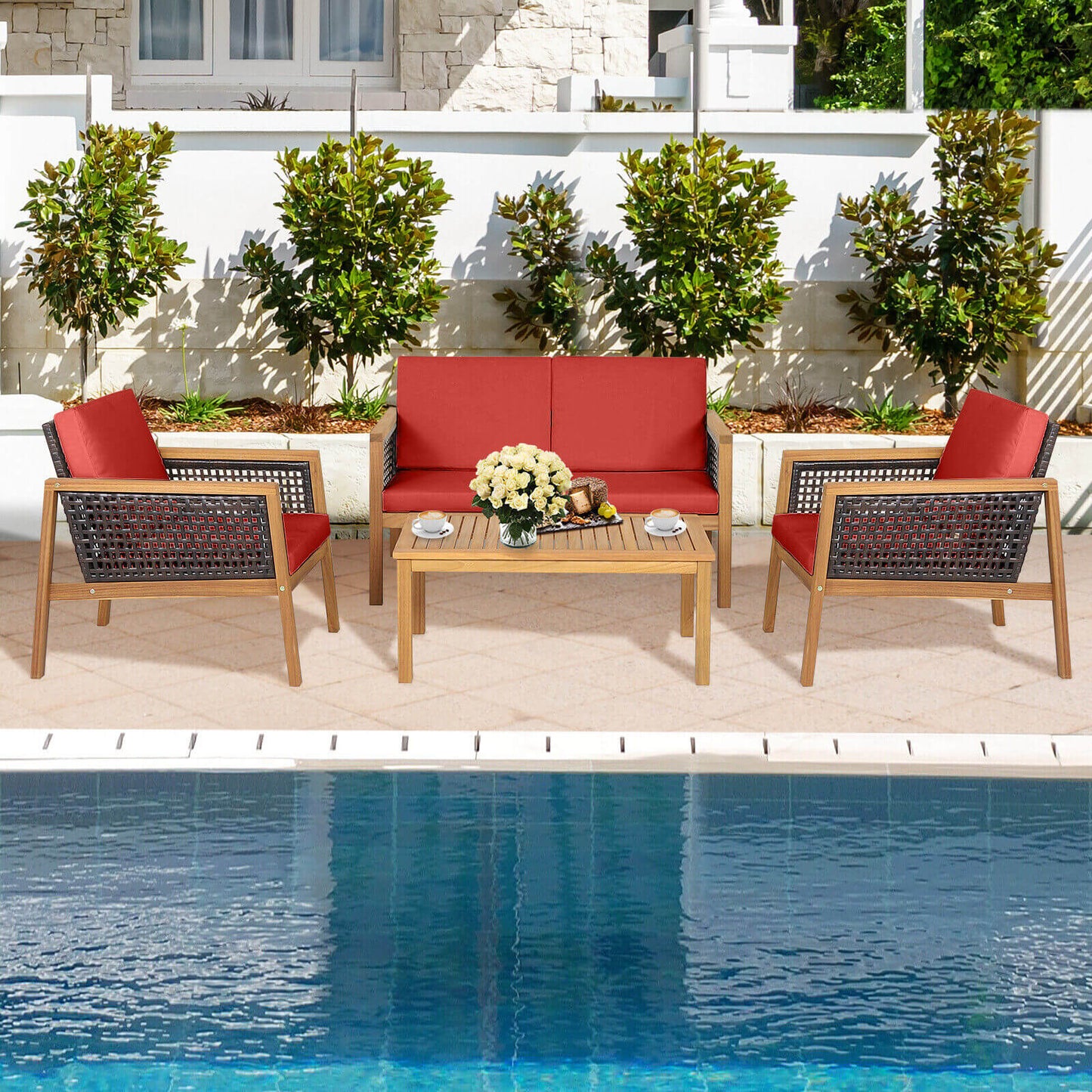 Juego de muebles de patio de ratán de 4 piezas con cojines extraíbles - Rojo
