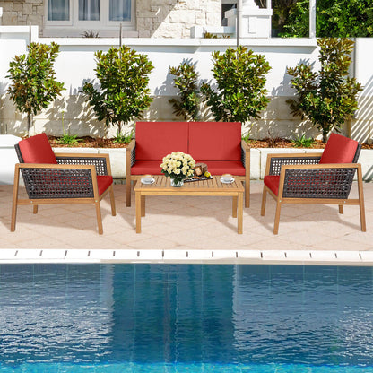 Juego de muebles de patio de ratán de 4 piezas con cojines extraíbles - Rojo