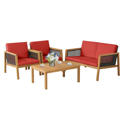 Juego de muebles de patio de ratán de 4 piezas con cojines extraíbles - Rojo