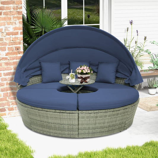 Outdoor PE Wicker Round Daybed with Retractable Canopy and Cushions-Navy - Tampa Home & Garden Store