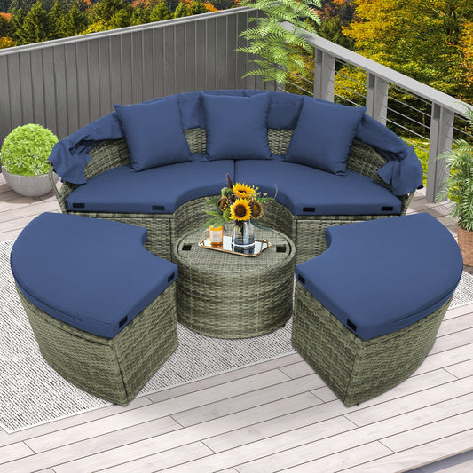 Outdoor PE Wicker Round Daybed with Retractable Canopy and Cushions-Navy - Tampa Home & Garden Store