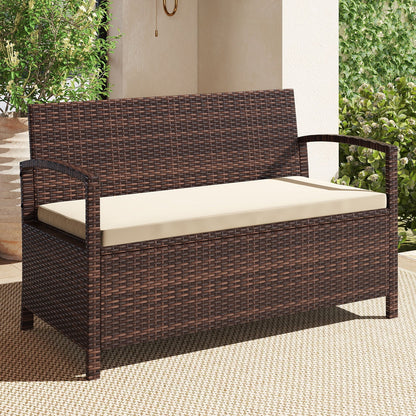 Outdoor PE Wicker Storage Bench 2 Seater with Cushion and 42 Gallon Deck Box-Beige