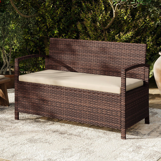 Outdoor PE Wicker Storage Bench 2 Seater with Cushion and 42 Gallon Deck Box-Beige