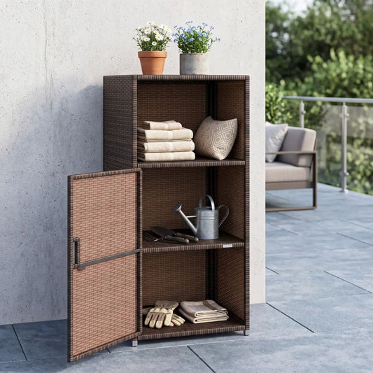 PE wicker outdoor storage cabinet in brown with doors and open shelf DirectDeals on Tampa Home & Garden Store