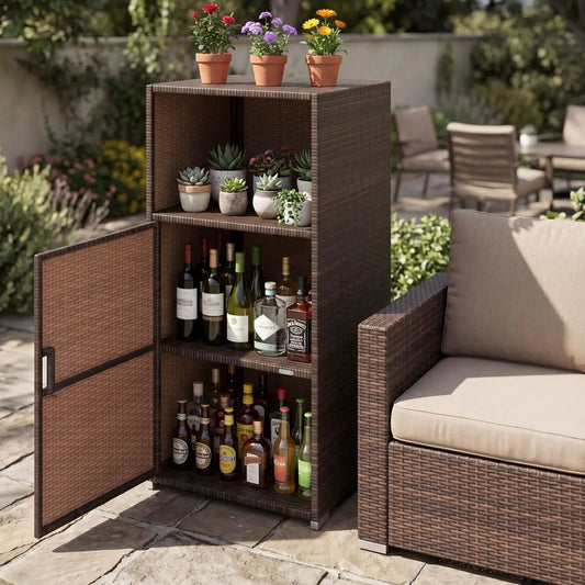 PE wicker outdoor storage cabinet with door and open shelf brown top with potted plants, bottom bottles on patio on Tampa Home & Garden Store