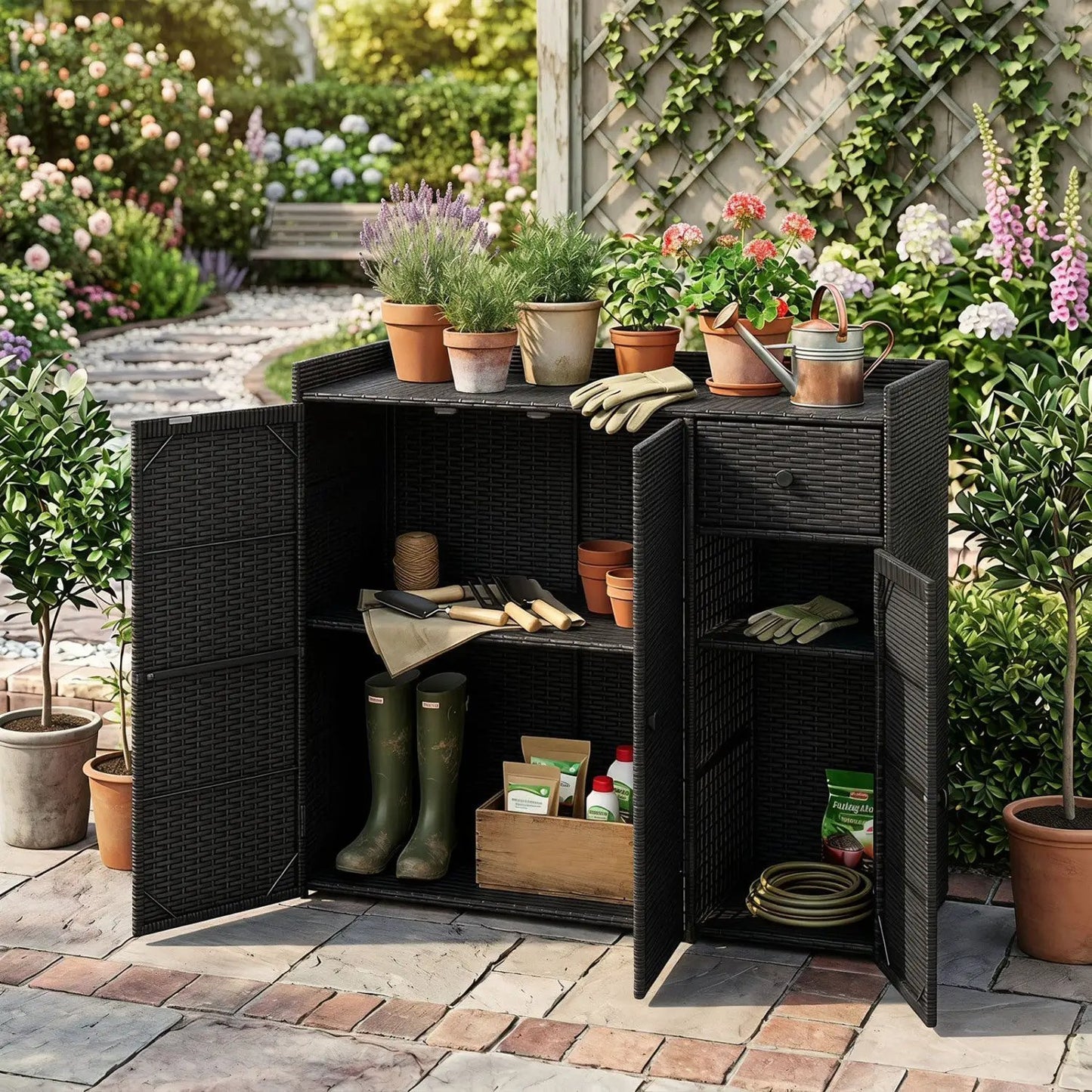 Outdoor Storage Cabinet With 3 Doors and Shelves