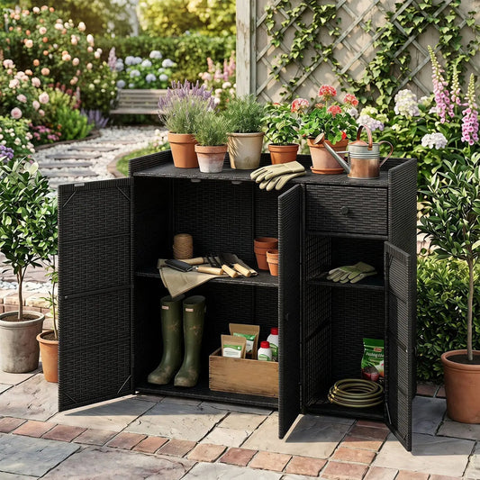Outdoor Storage Cabinet with 3 doors and adjustable shelves in black wicker by DirectDeals on Tampa Home & Garden Store