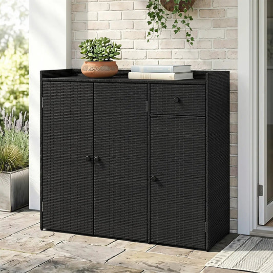 Outdoor Storage Cabinet with 3 Doors and Adjustable Shelves in black wicker by DirectDeals on a patio on Tampa Home & Garden Store