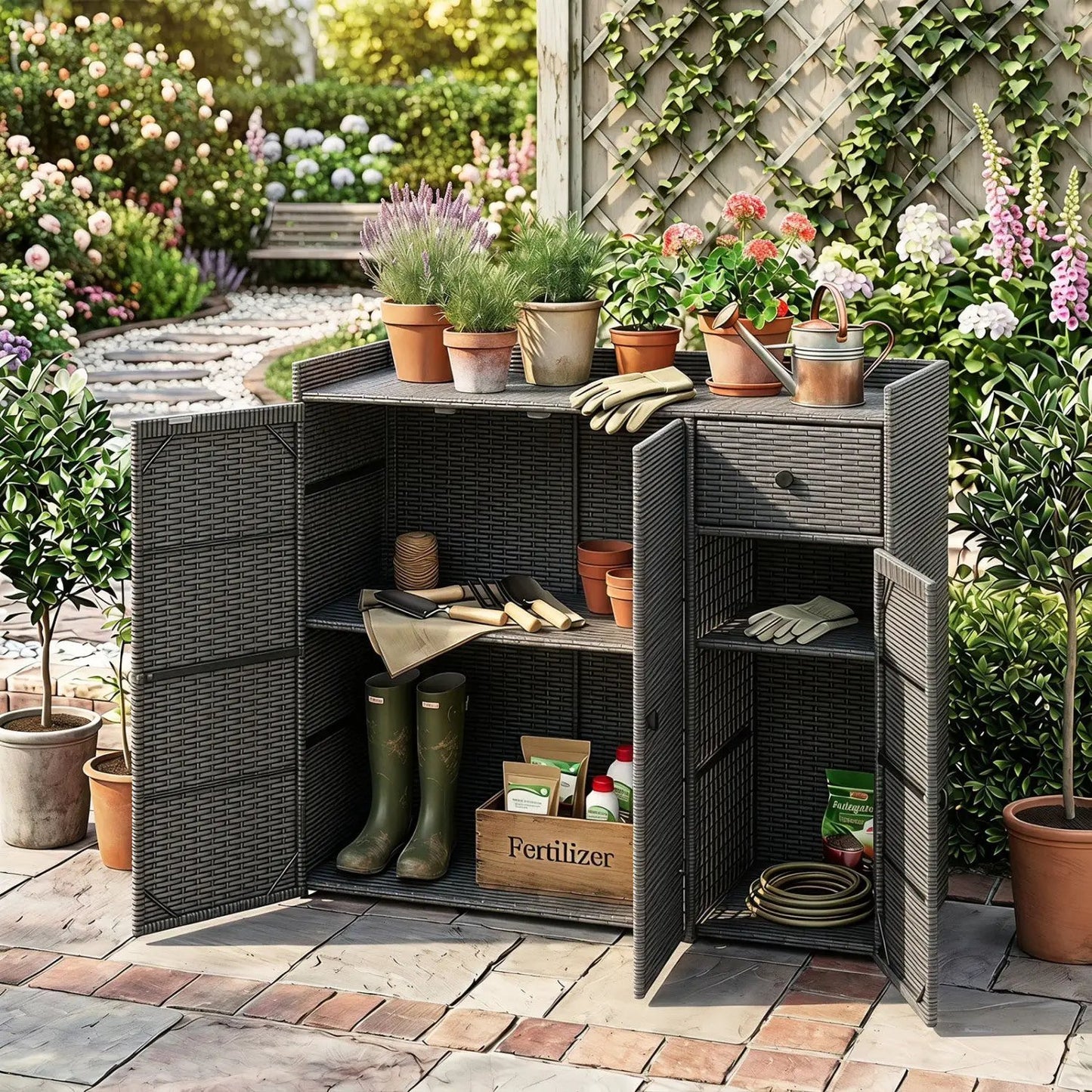 Outdoor Storage Cabinet With 3 Doors and Shelves