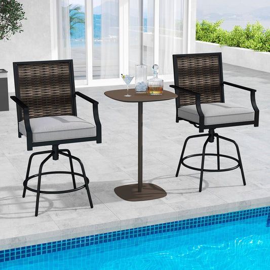 Outdoor PE Wicker Swivel Bar Stools Set of 2 Counter Height Patio Chairs with Back-Grey - Tampa Home & Garden Store